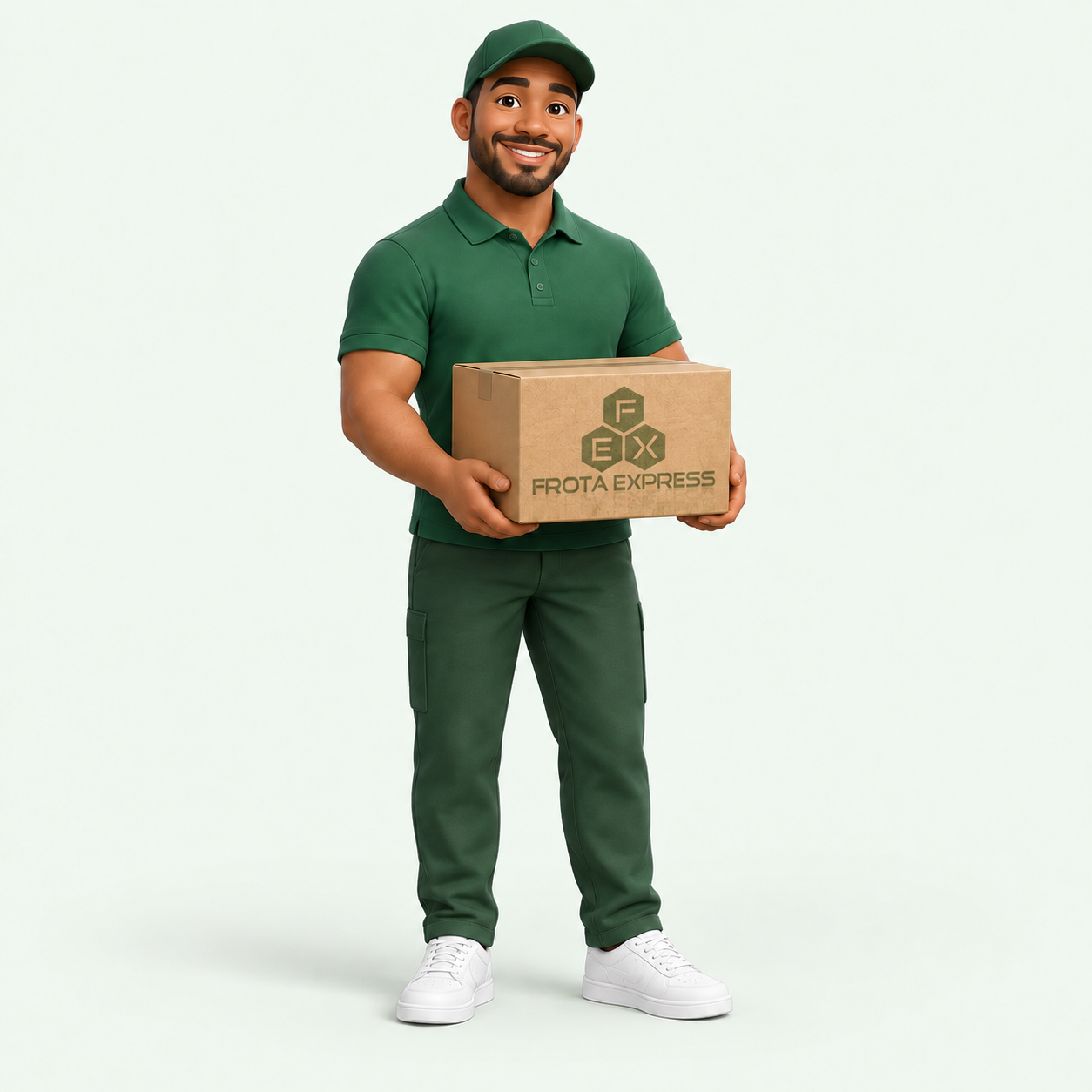 Personagem de entregador com uniforme verde segurando uma caixa